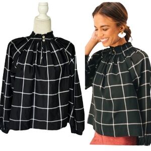 Marie Oliver Silk Black & White Plaid Windowpane Printed Ruffle Neck Blouse - S